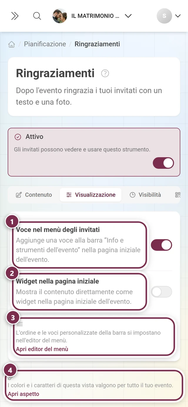 Scheda Visualizzazione con gli interruttori per il menù degli invitati e il widget della pagina iniziale, più due link