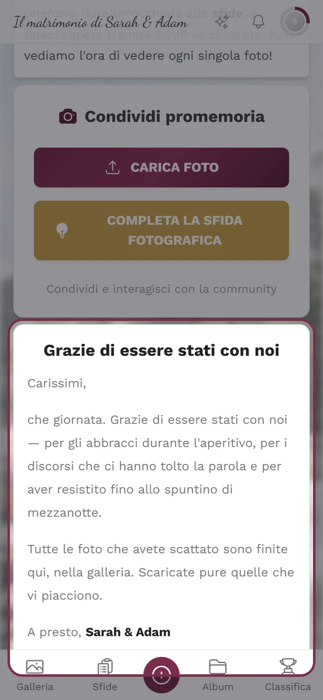 Ringraziamenti come widget nella pagina iniziale dell'evento, vista invitati