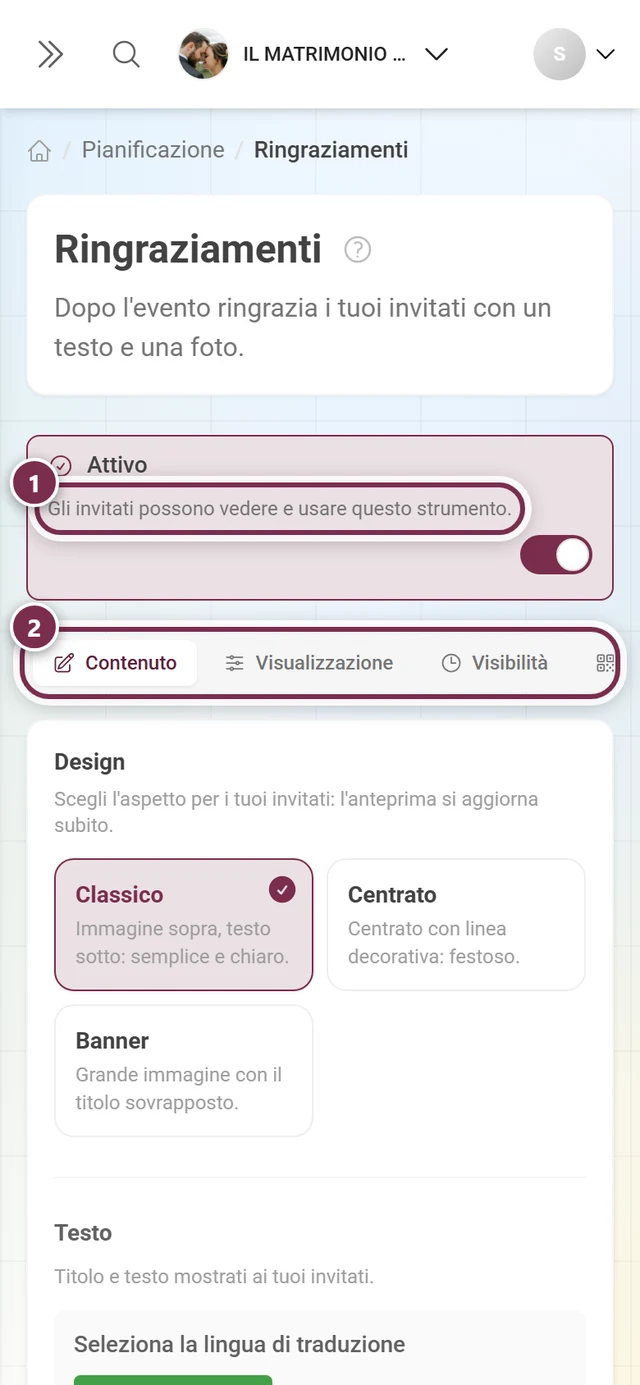 Intestazione dei Ringraziamenti con l'interruttore Attivo e le quattro schede