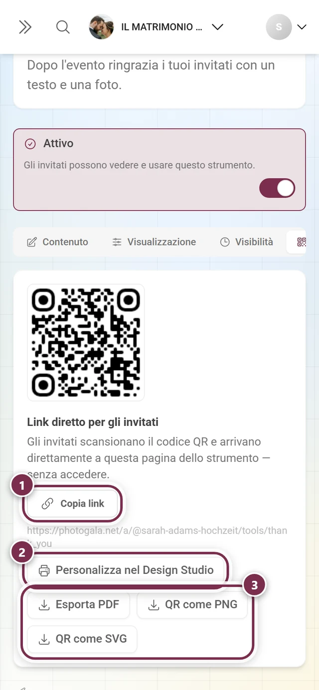 Scheda Codice QR con link diretto, pulsante Design Studio e le tre esportazioni di file