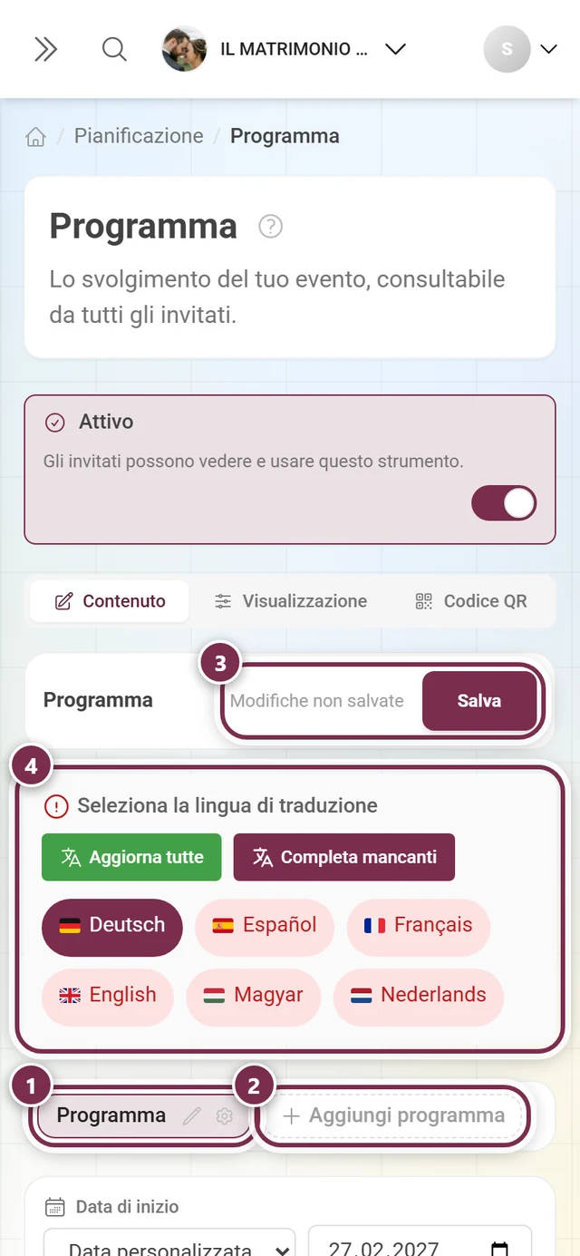 Strumento Programma con evidenziati la fila di schede, Aggiungi programma, la barra delle lingue e Salva