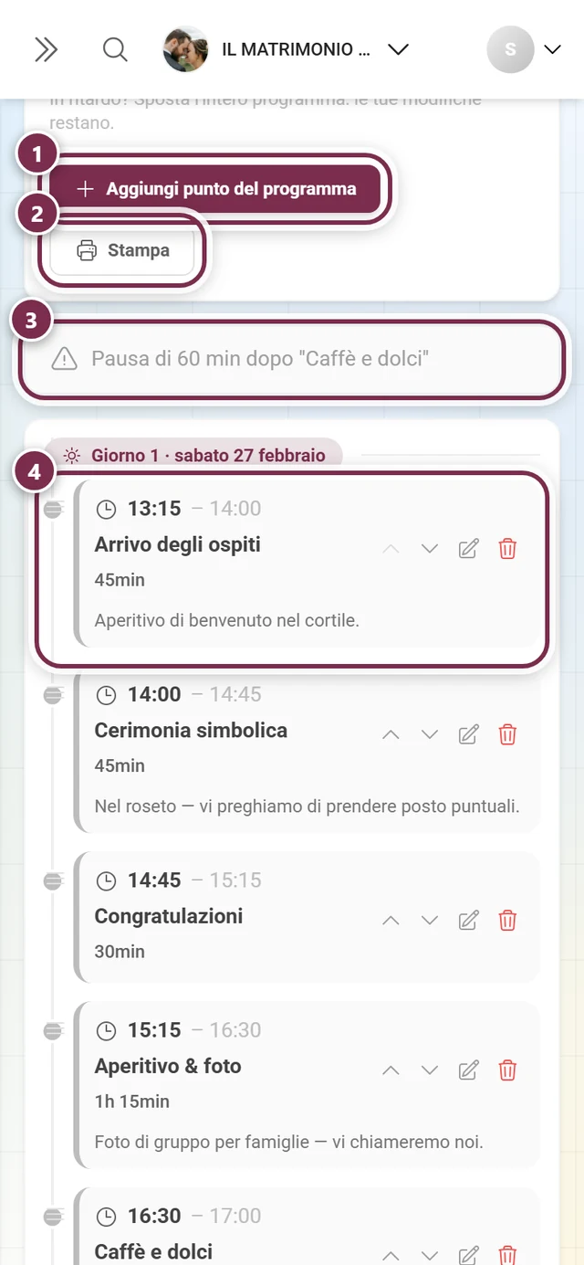 Editor del programma con evidenziati Aggiungi punto del programma, Stampa, l'avviso di pausa e il primo punto del programma