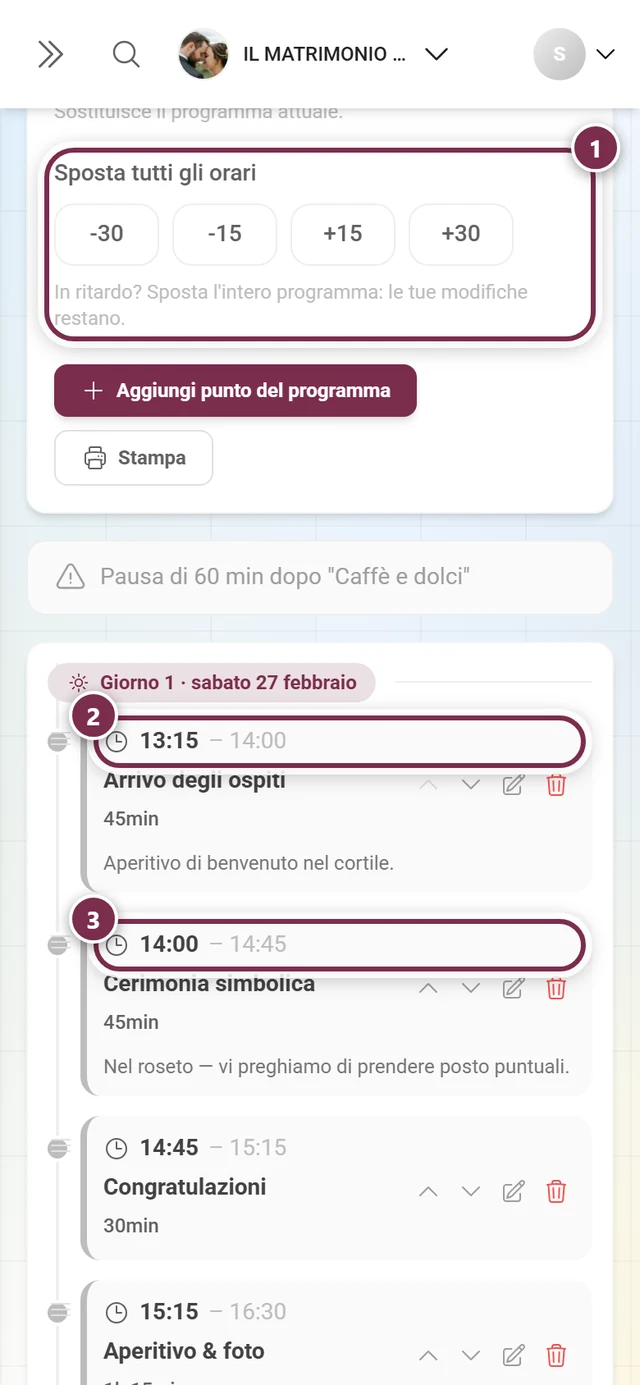 Blocco Sposta tutti gli orari con i quattro pulsanti e i primi due punti del programma evidenziati