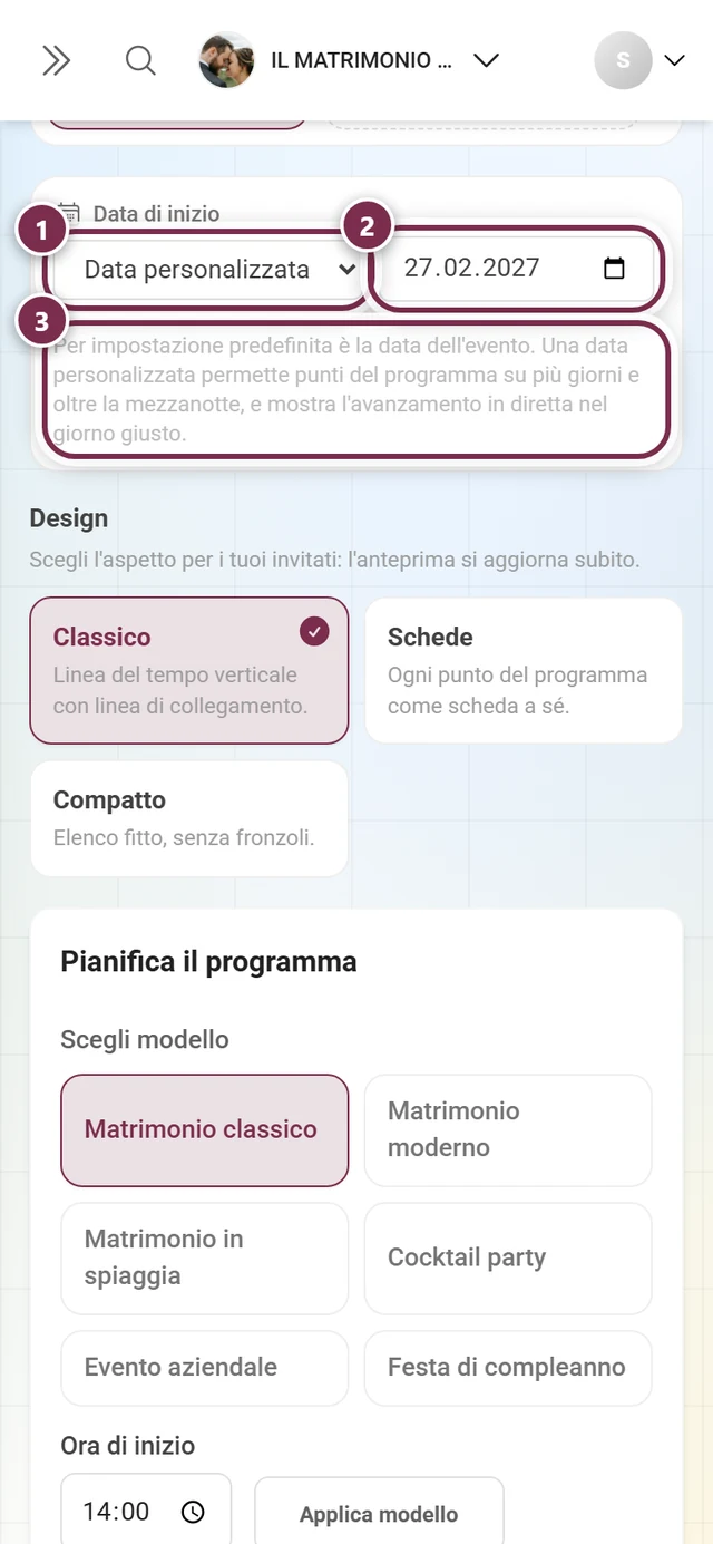 Area Data di inizio con evidenziati l'elenco di selezione, il campo data e il testo esplicativo