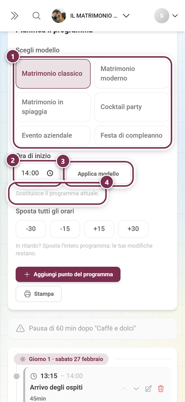 Sezione Pianifica il programma con evidenziati la griglia dei modelli, l'ora di inizio, Applica modello e l'avviso