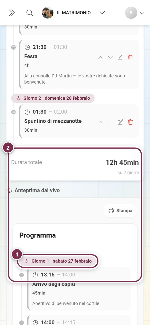 Fine dell'elenco dei punti del programma con evidenziati il separatore dei giorni e il piè di pagina Durata totale