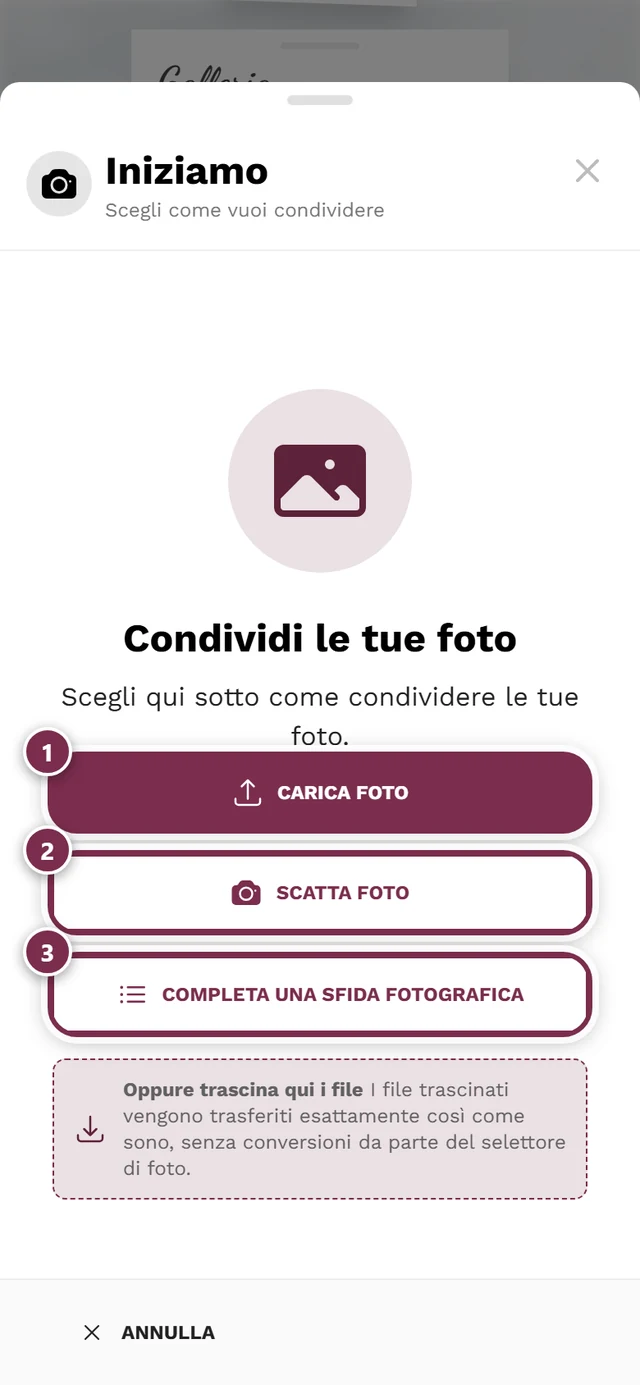 Finestra di caricamento con le sorgenti Scegli foto e Scatta foto