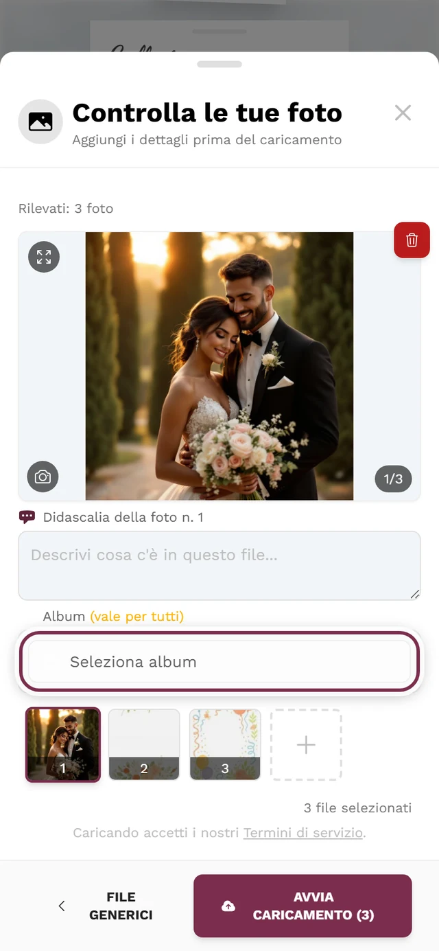 Schermata di controllo del caricamento, il pulsante Seleziona album è evidenziato