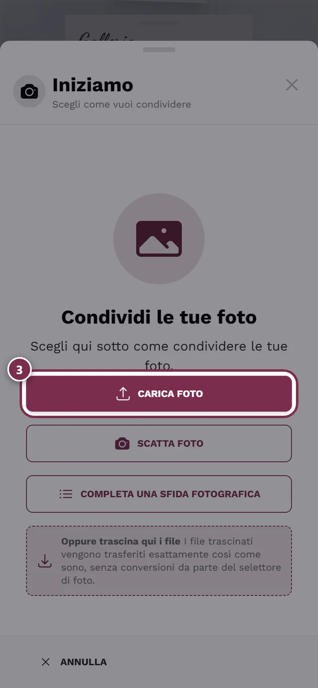 Finestra di caricamento con il pulsante Scegli foto