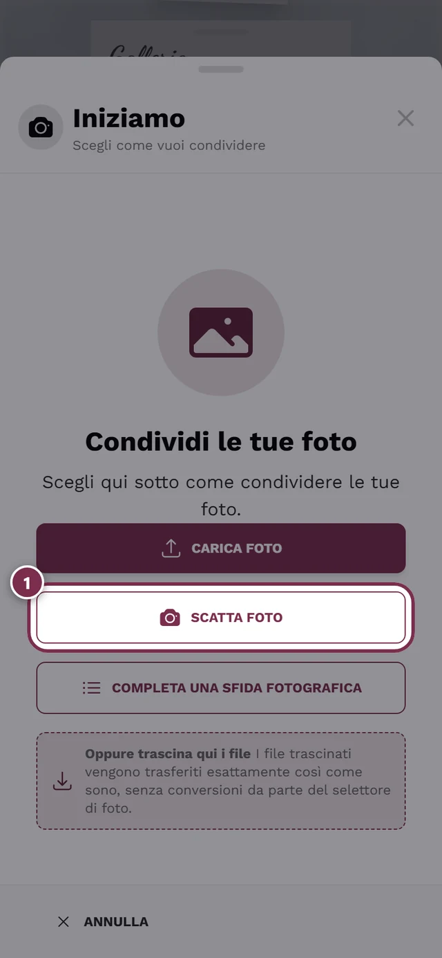 Finestra di caricamento con il pulsante Scatta foto evidenziato