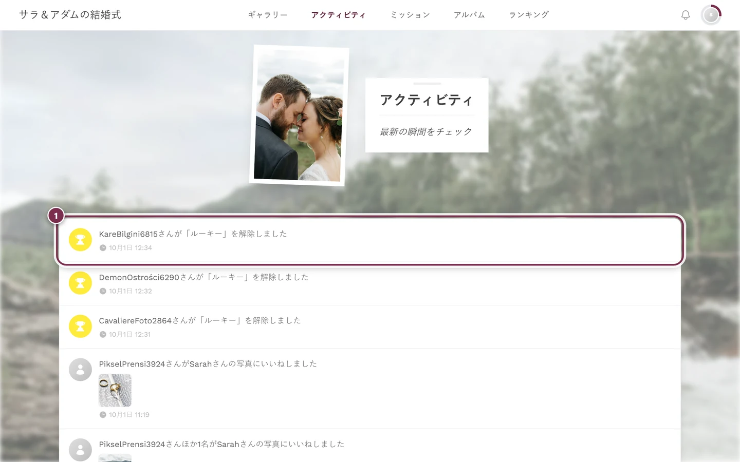 いちばん上の最新の行が目立つアクティビティフィード