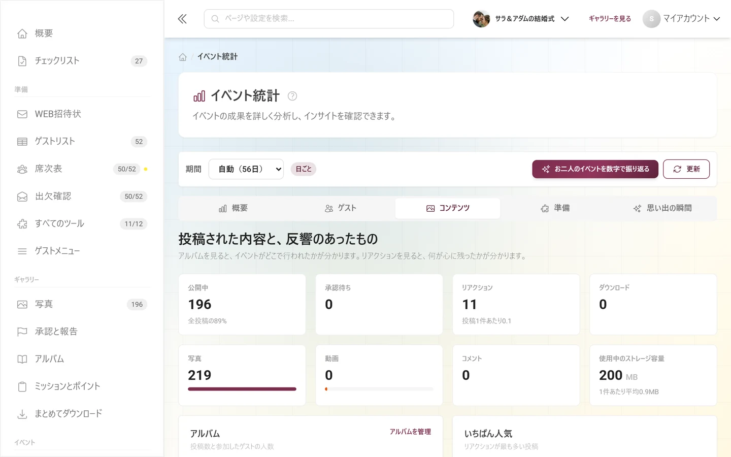 タイル、アルバム、いいねの多い投稿が表示された「コンテンツ」項目