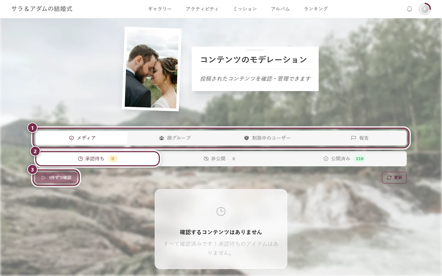 管理画面の枠がないモデレーションページ。タブバー、ステータスフィルター、確認モードが強調されている