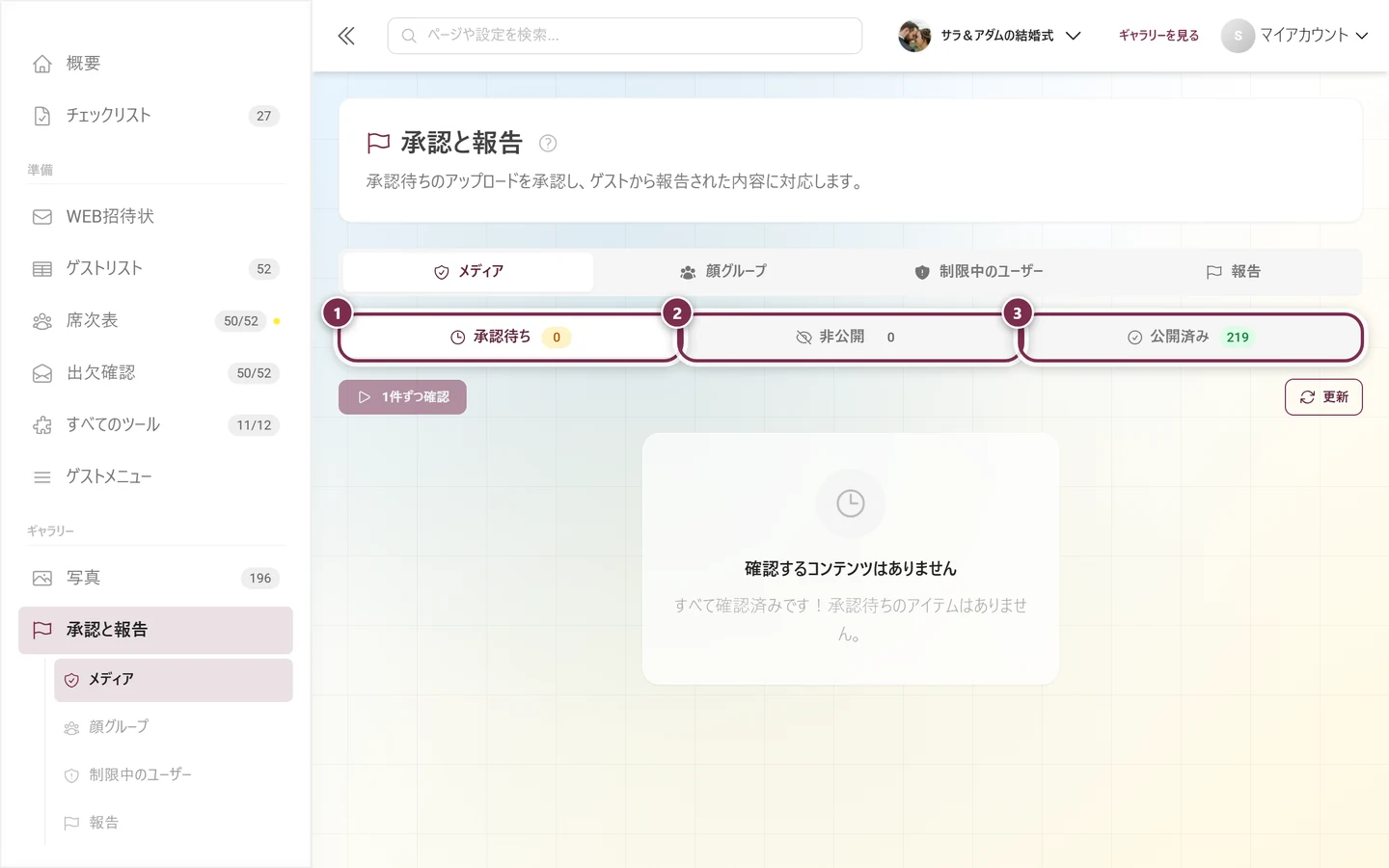 「メディア」タブの中の3つのステータスタブ。3つすべてが強調表示されている
