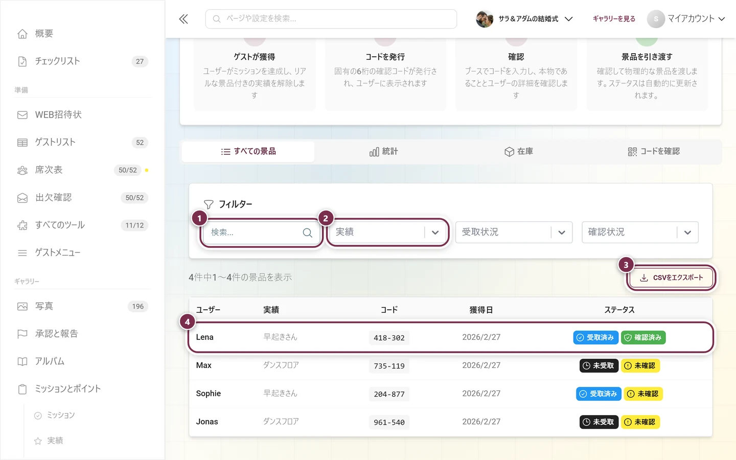 入賞者とステータスが表示された、ホスト側の景品リスト