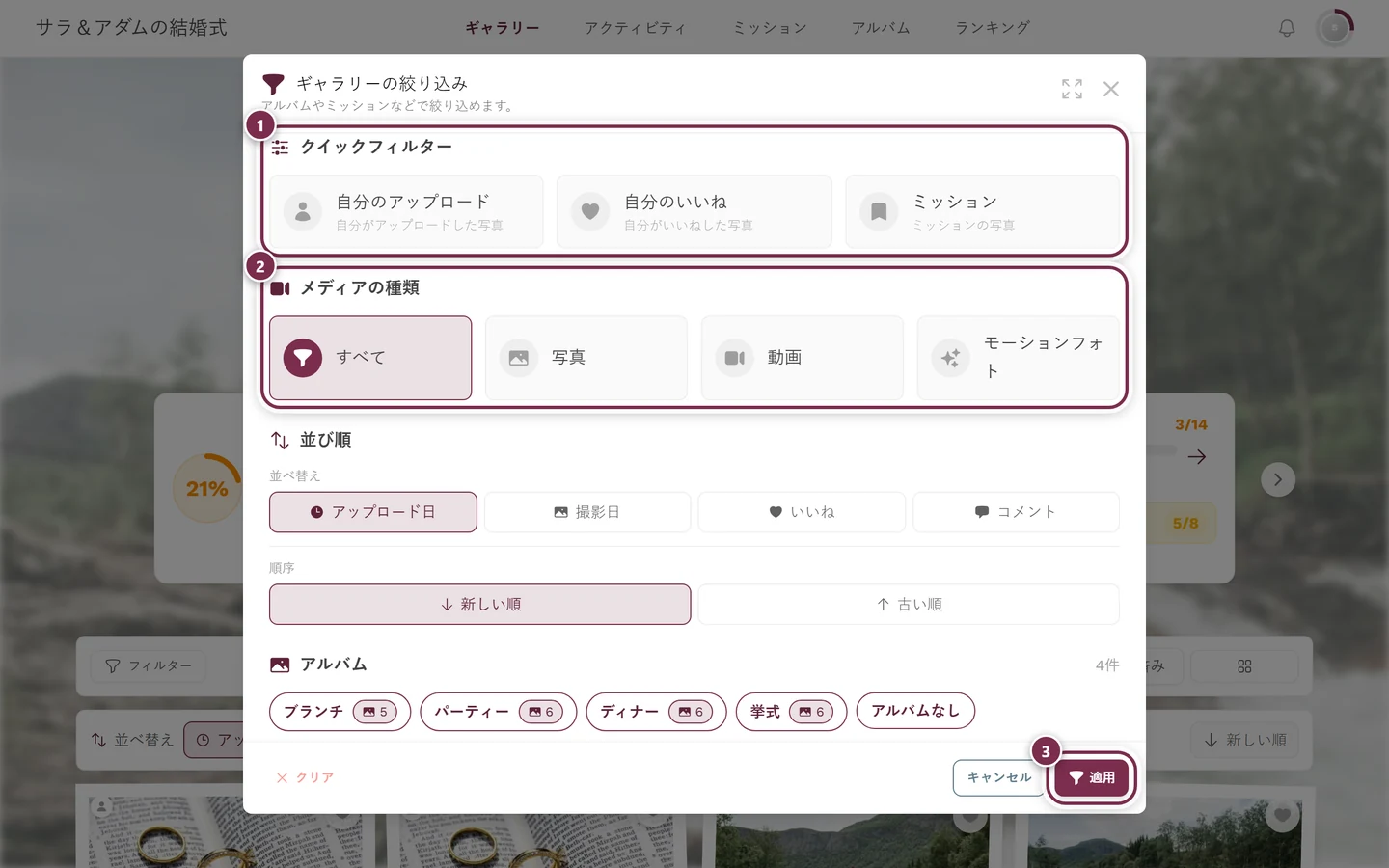 クイックフィルター、メディアの種類、並び順、アルバムのセクションがあるフィルターパネル