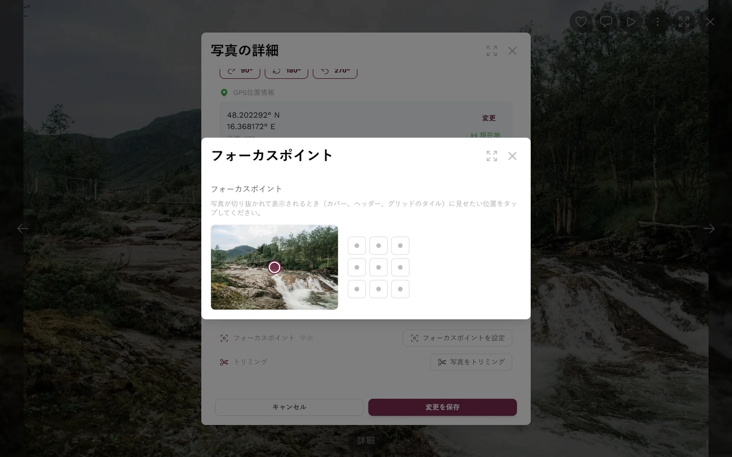 プレビュー画像、マーカー、9マスのグリッドがあるフォーカスポイントのポップアップ