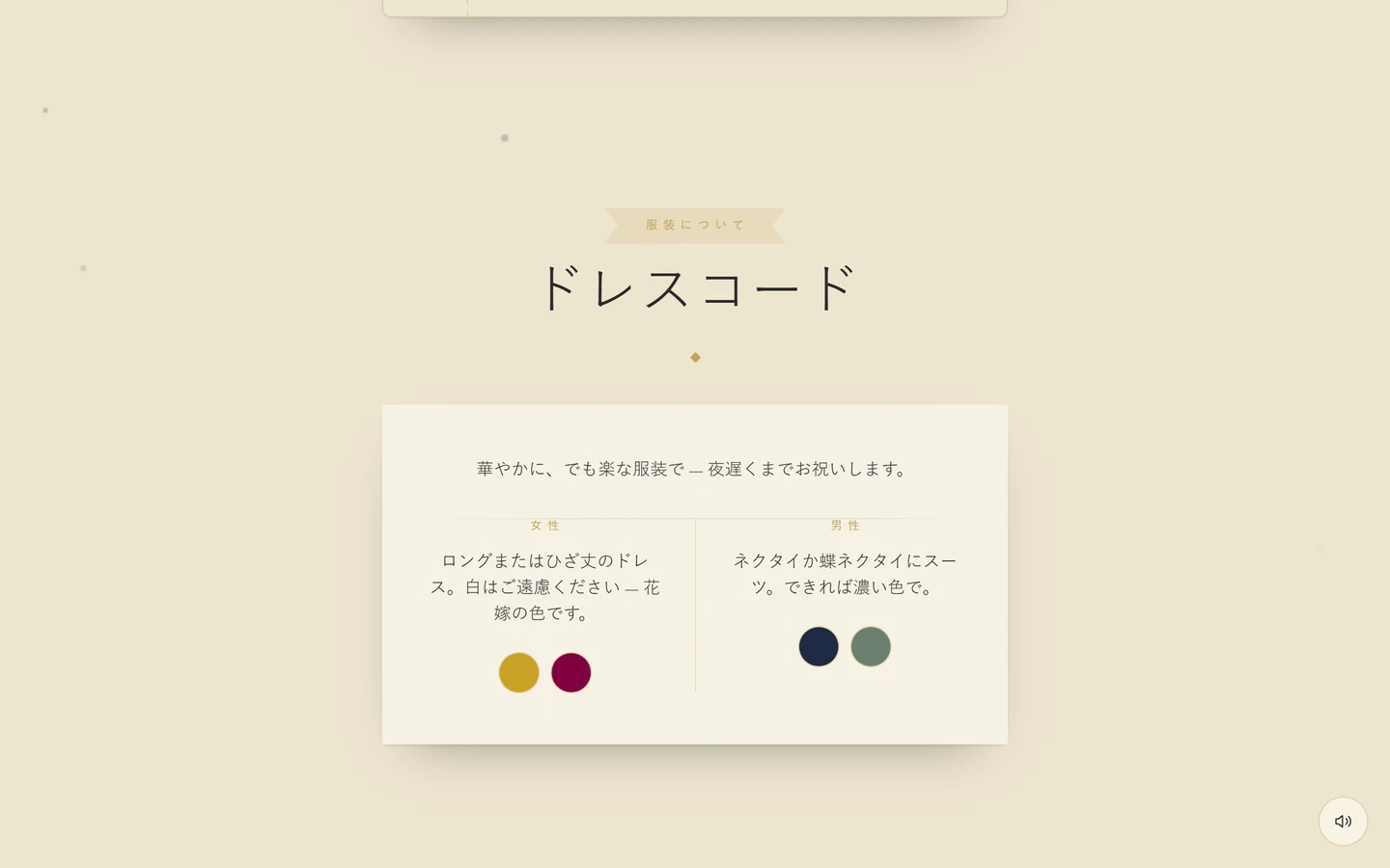 女性と男性のグループがあり、それぞれに2つの色の丸が付いた、ドレスコードのセクション