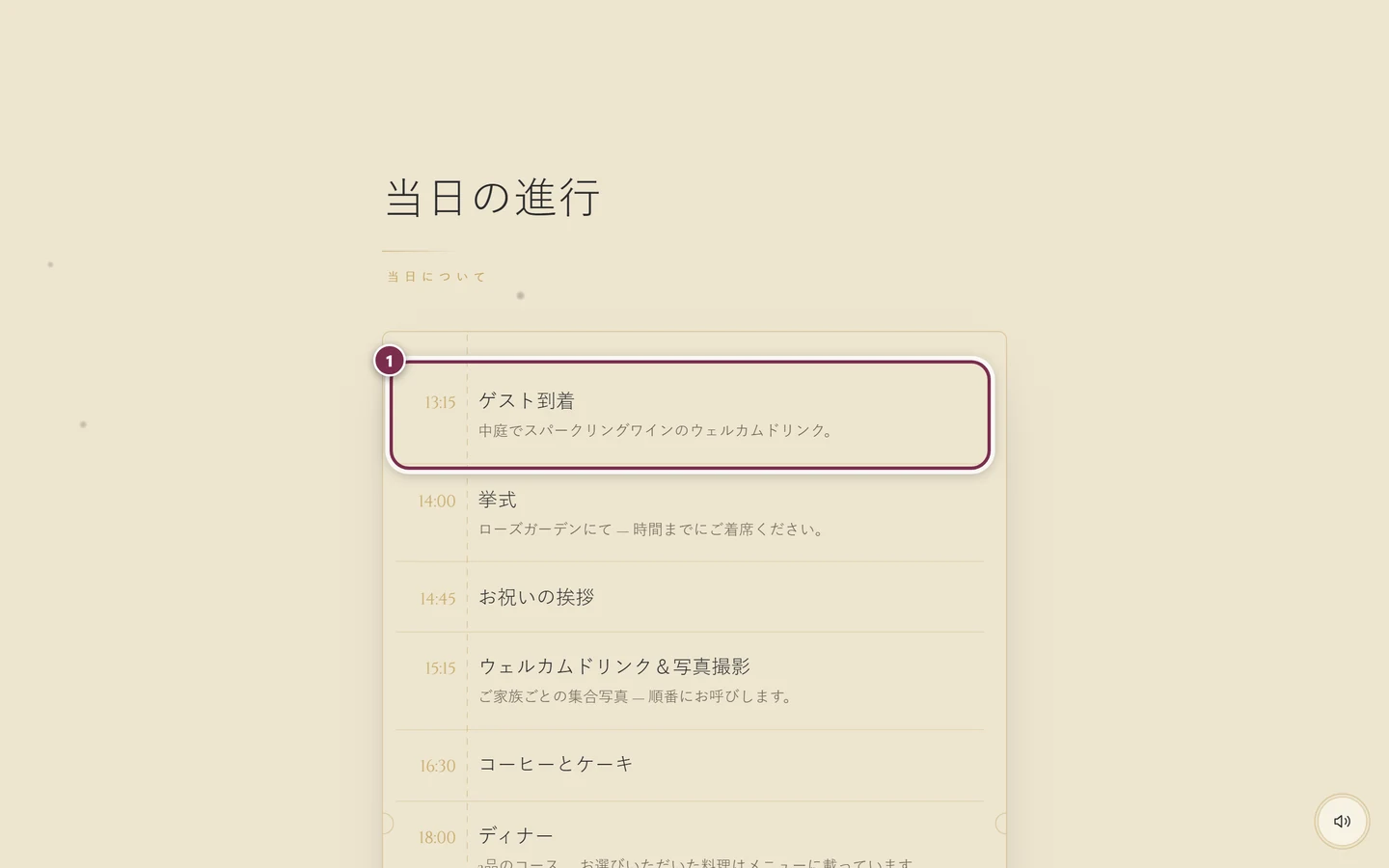 タイムラインがあり、最初のプログラムに輪がかかった、当日の進行のセクション