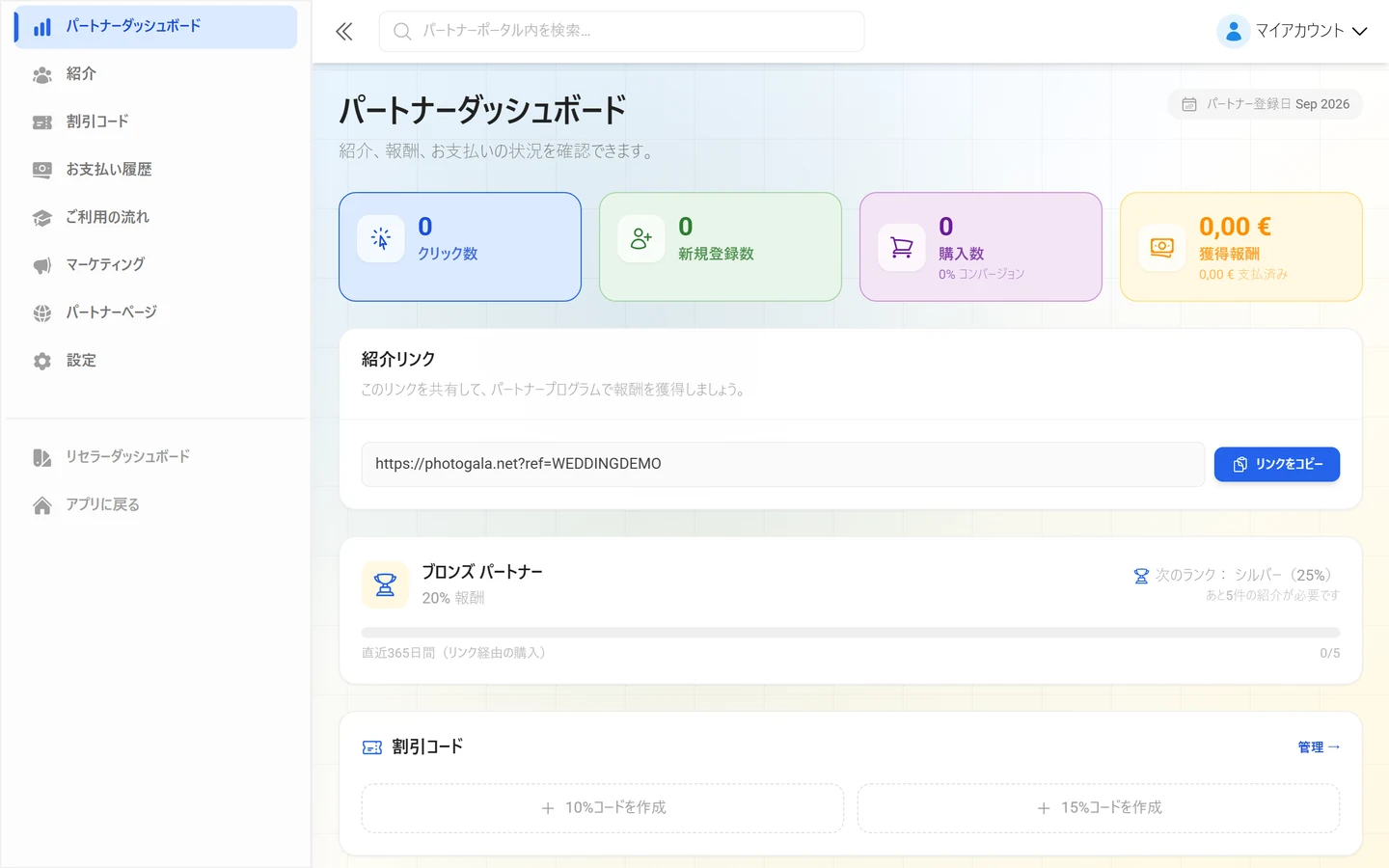 主な数値と紹介リンクが表示されたアフィリエイトダッシュボード