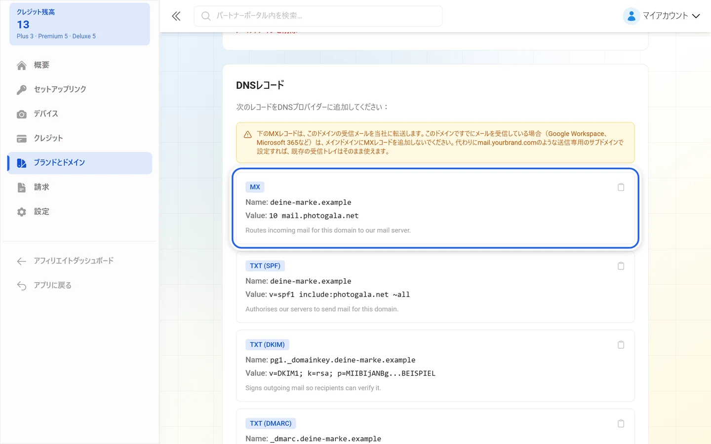 MXレコードが強調された、メール送信用のDNSレコード