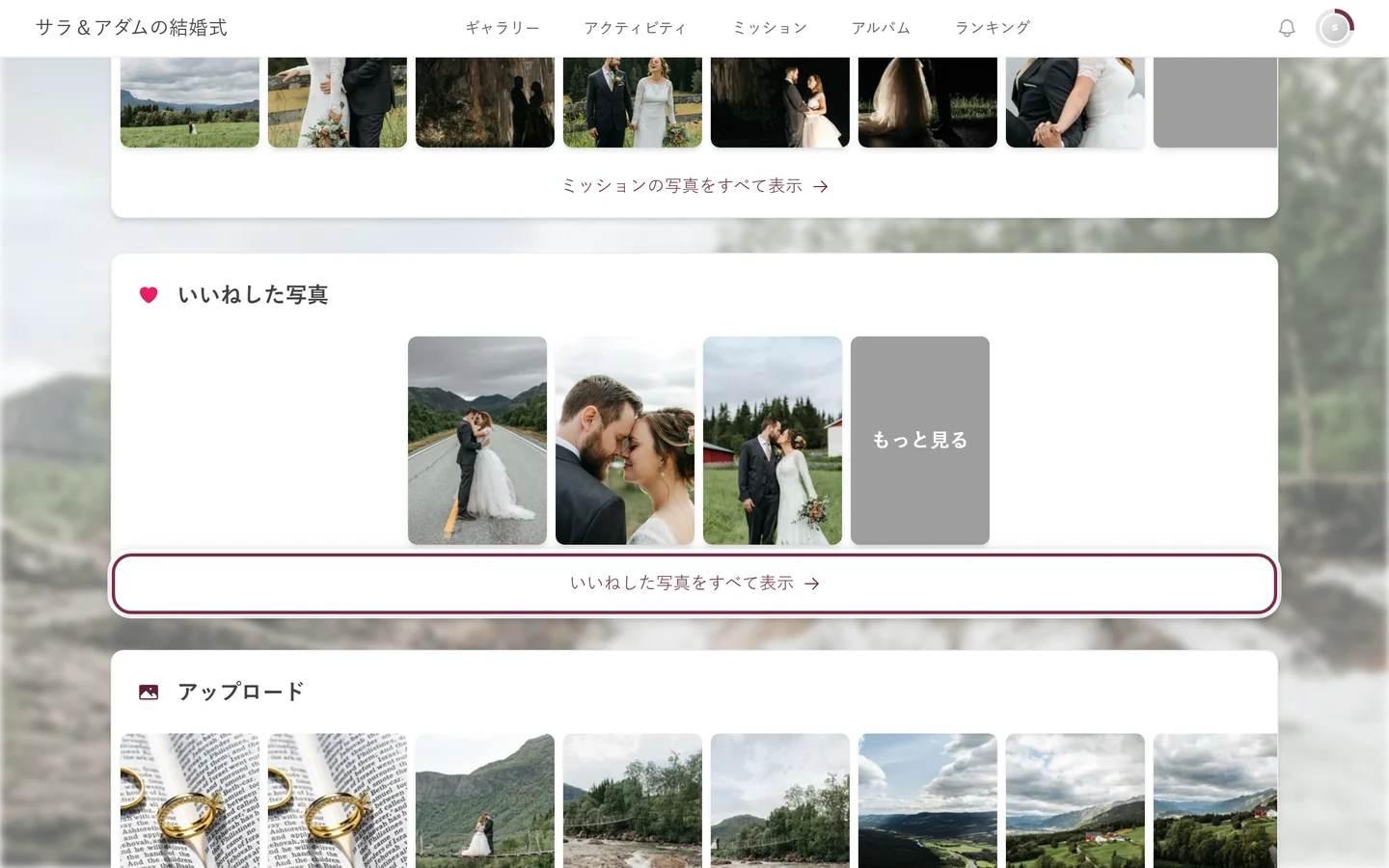 プロフィールページの「いいねした写真」セクション。リンク「いいねした写真をすべて表示」が強調表示されている