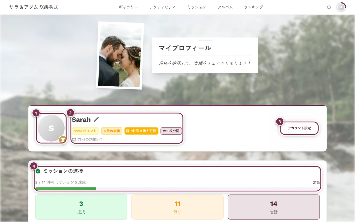 ポイント、実績、ランクが表示されたプロフィールページ