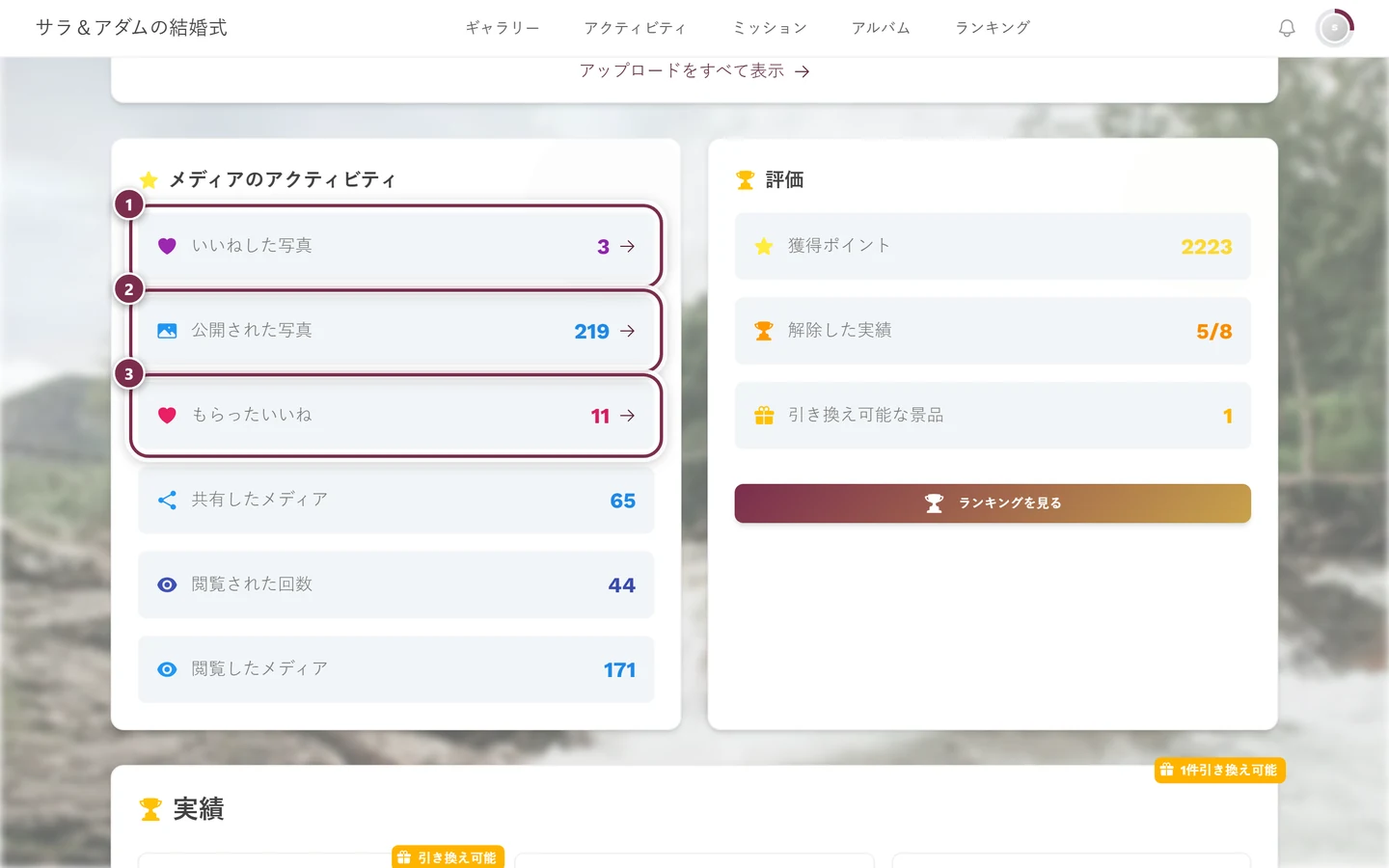 統計カード。「メディアのアクティビティ」のカードに3つの印が付いている