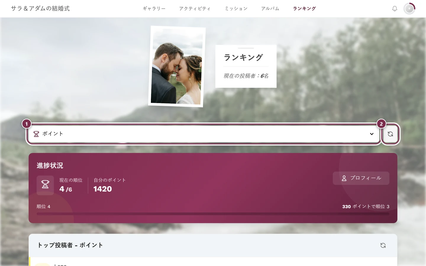 ランキングのヘッダー。集計項目の選択メニューと更新ボタンが赤で囲まれている