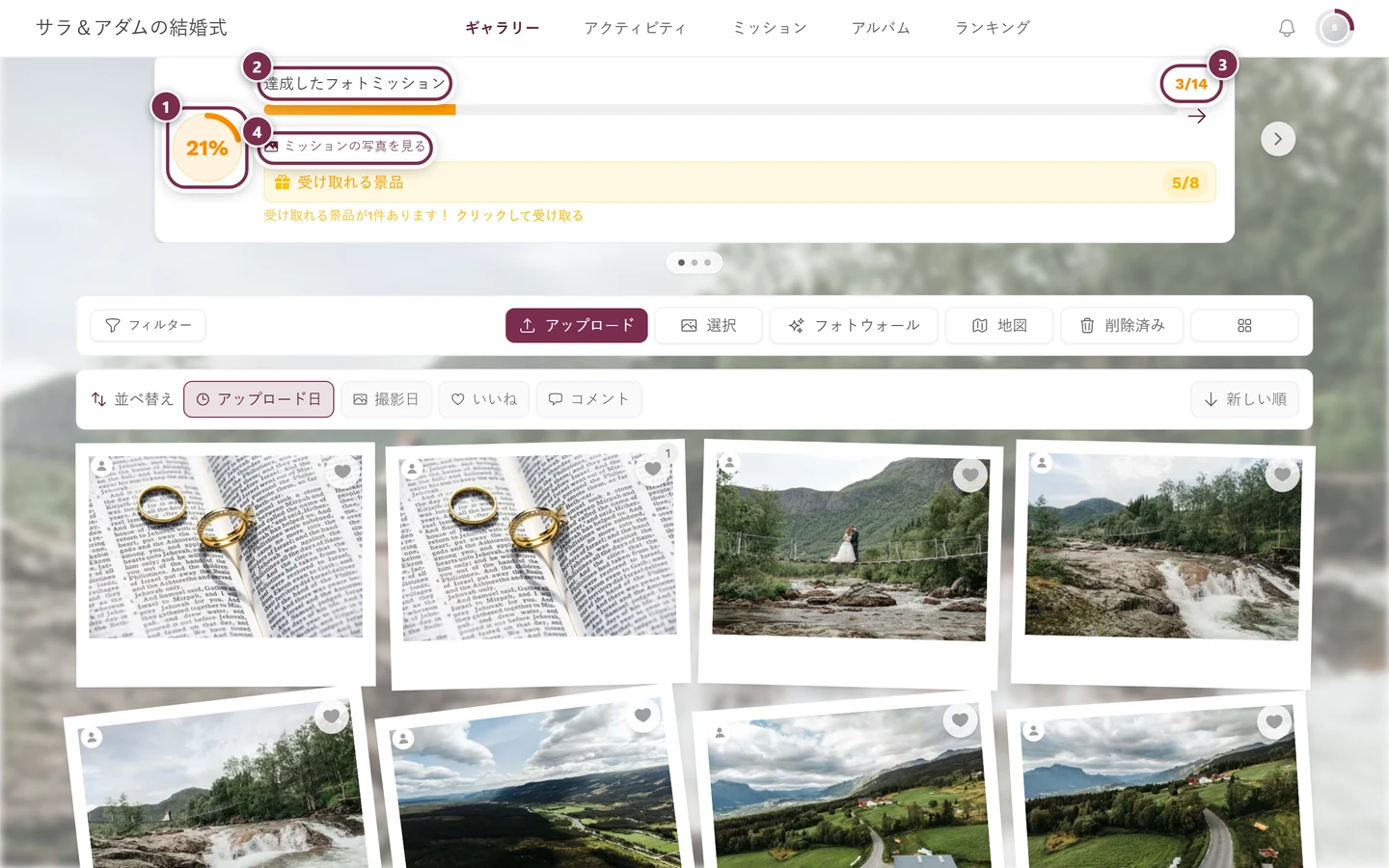 写真グリッドの上にある進捗カードと4つの印：進捗リング、見出し、数字の組、自分のミッションの写真へのリンク