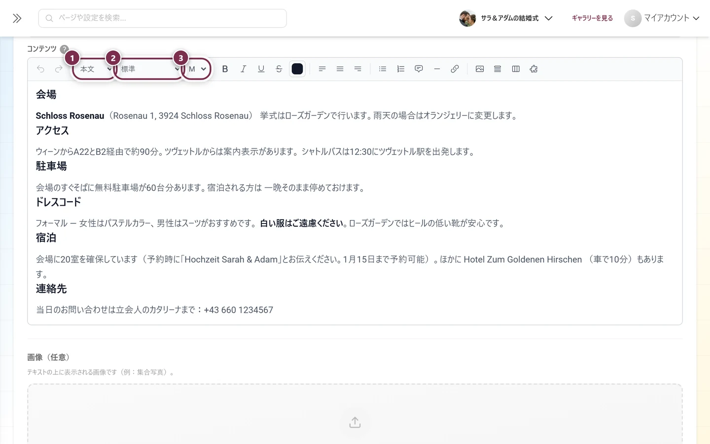 3つの選択欄が強調表示されたリッチテキストエディターのツールバー