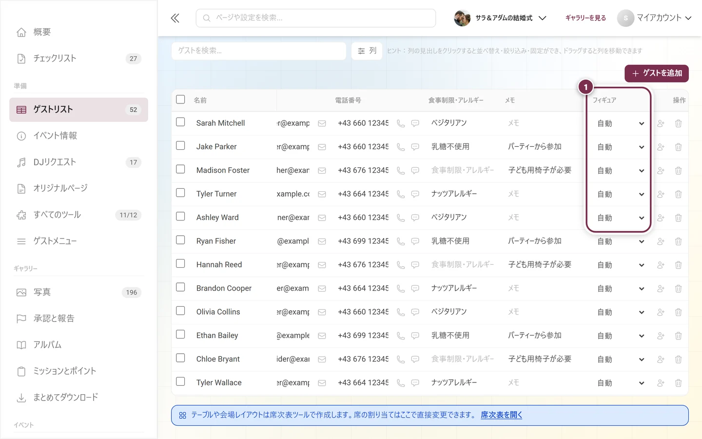 フィギュア列がハイライトされたゲストリストの最後の列
