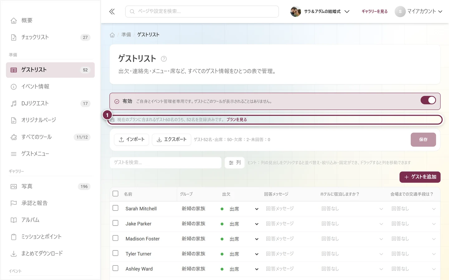 操作バーの上に細い案内バーがハイライトされたゲストリスト
