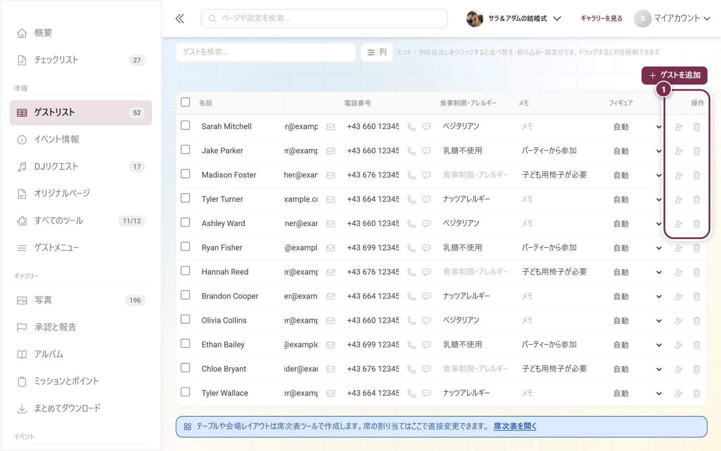 表の右端の操作列がハイライトされたゲストリスト