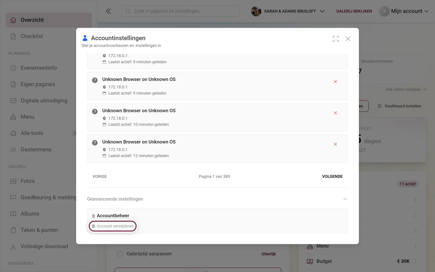 Tabblad Beveiliging, opengeklapte Geavanceerde instellingen met gemarkeerde optie Account verwijderen