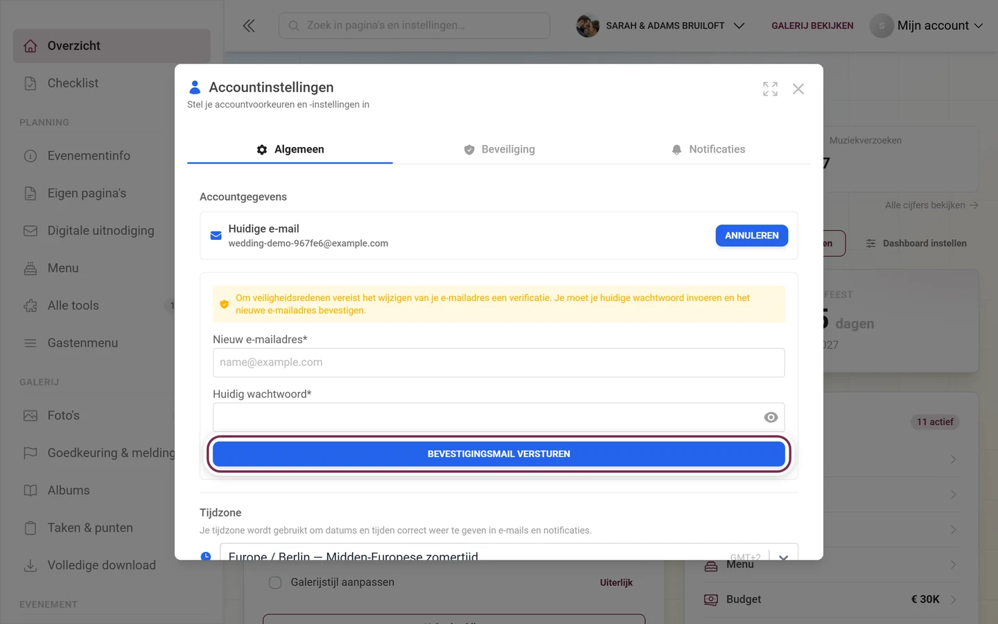 Accountinstellingen met geopend formulier voor e-mailwijziging, de knop Bevestigingsmail versturen is gemarkeerd