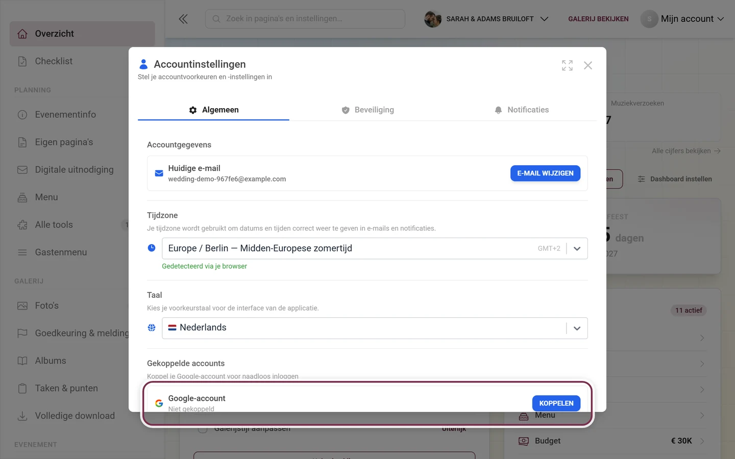 Accountinstellingen, onderdeel Gekoppelde accounts met de gemarkeerde regel Google-account
