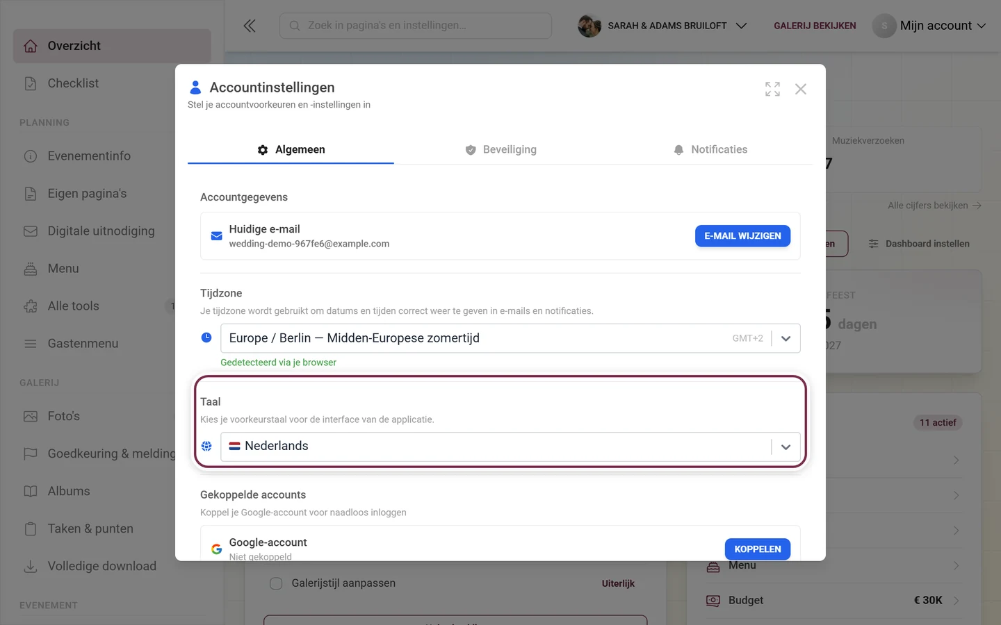 Accountinstellingen, tabblad Algemeen, het onderdeel Taal met het keuzeveld is gemarkeerd
