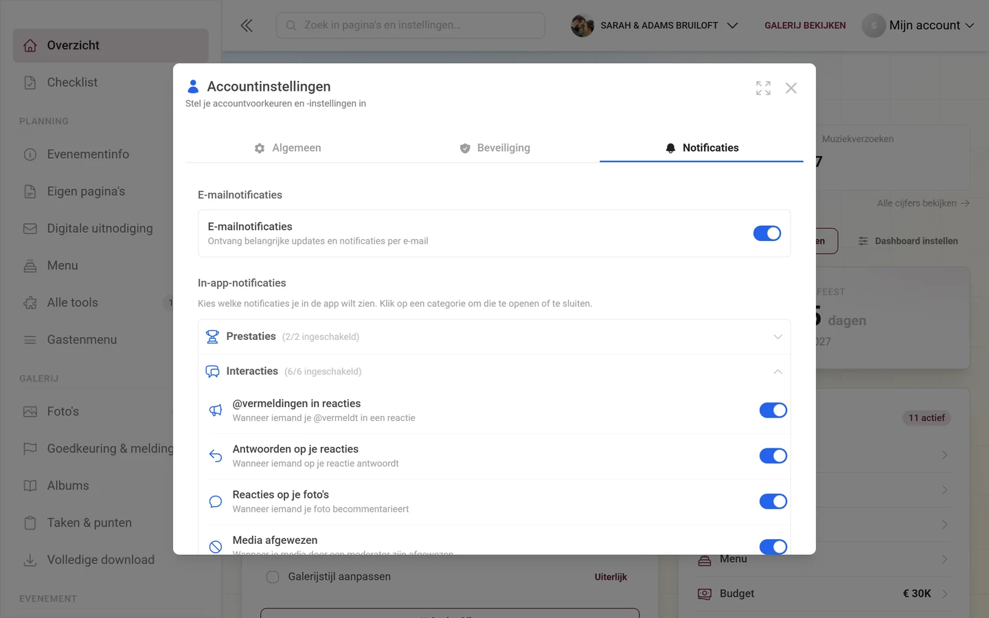 Tabblad Notificaties met de uitgeklapte categorie Interacties