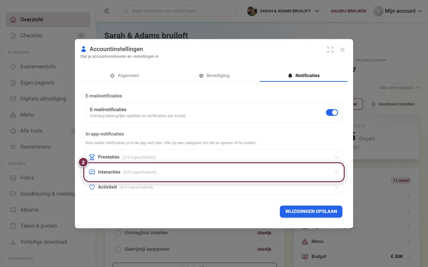 Tabblad Notificaties met de drie ingeklapte categorieën, de kopregel Interacties is rood gemarkeerd