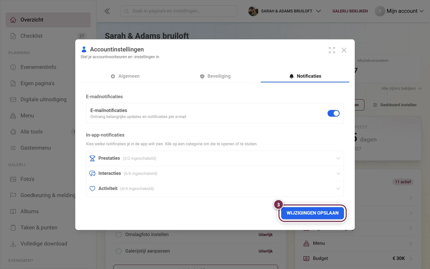 Onderkant van het tabblad Notificaties met de rood gemarkeerde knop Wijzigingen opslaan