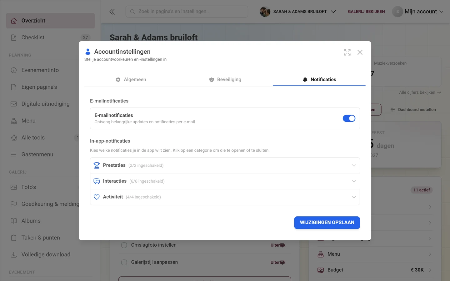 Dialoog Accountinstellingen met het actieve tabblad Notificaties