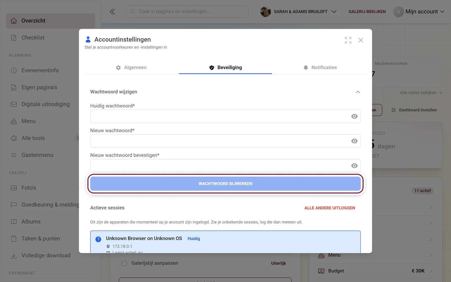 Tabblad Beveiliging van de accountinstellingen met opengeklapt wachtwoordformulier, de afsluitende knop is gemarkeerd