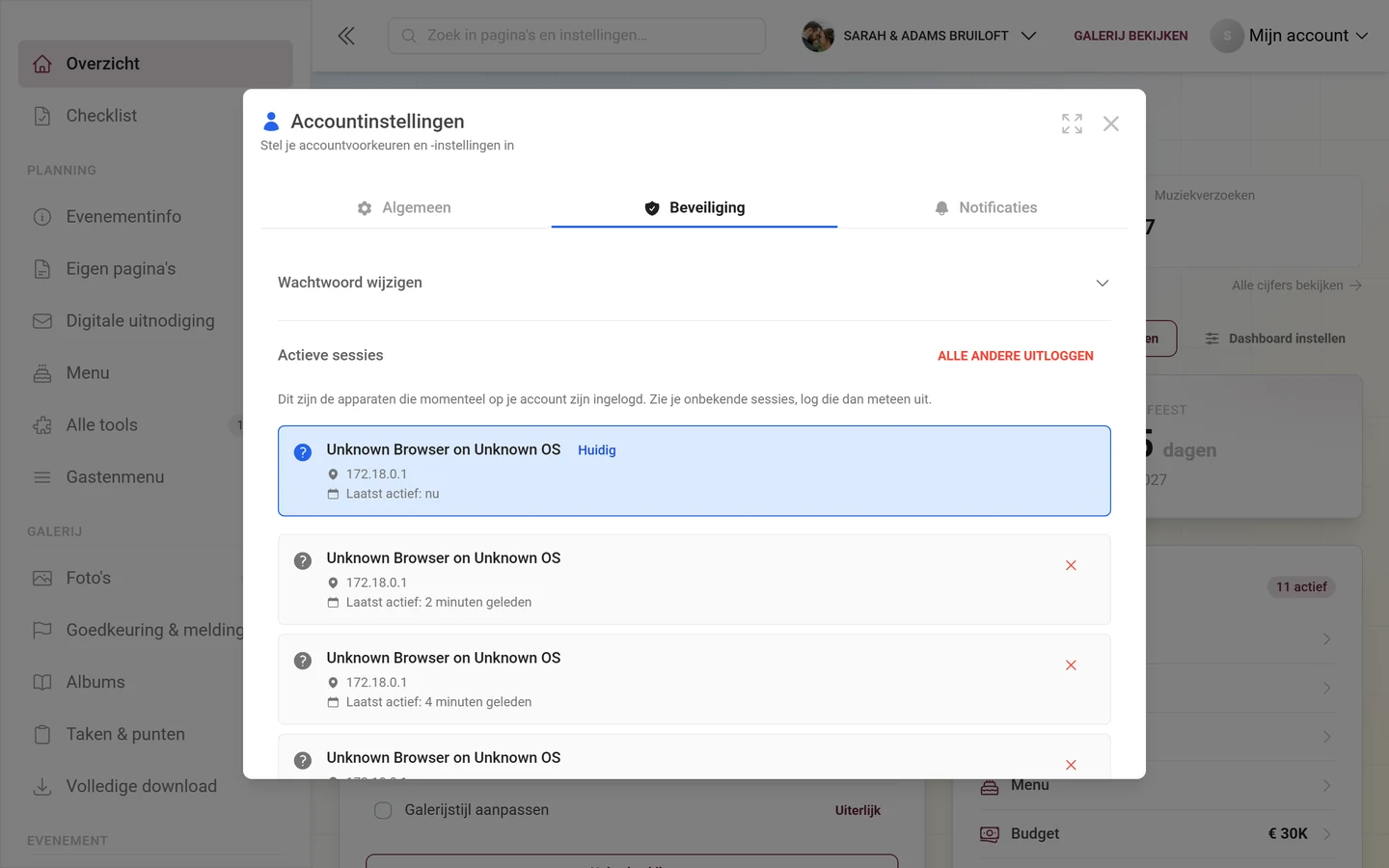 Tabblad Beveiliging van de accountinstellingen met de lijst van actieve sessies