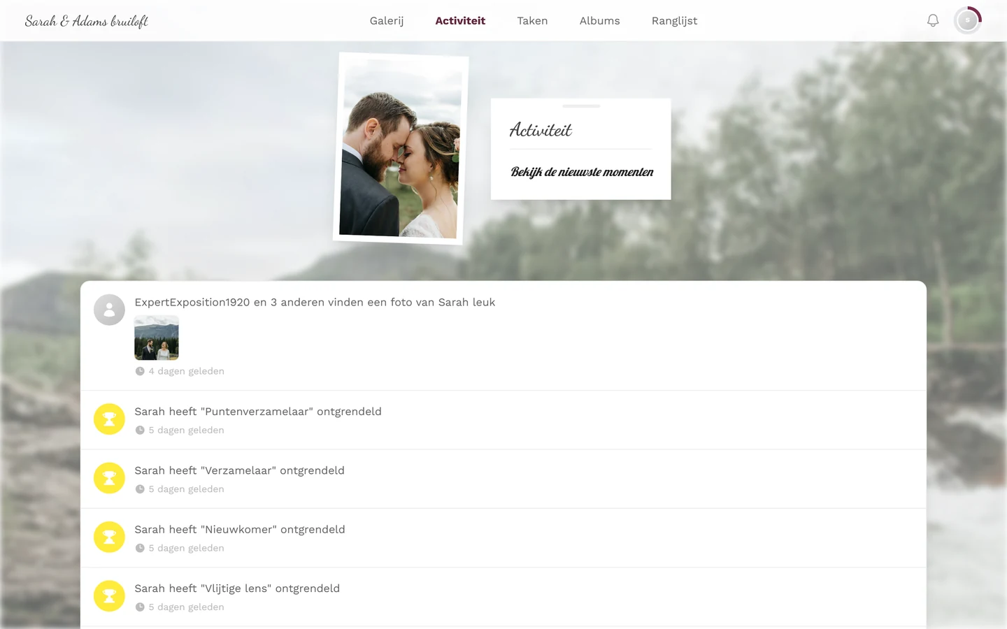 Chronologische lijst met nieuwe uploads, reacties, likes en prestaties