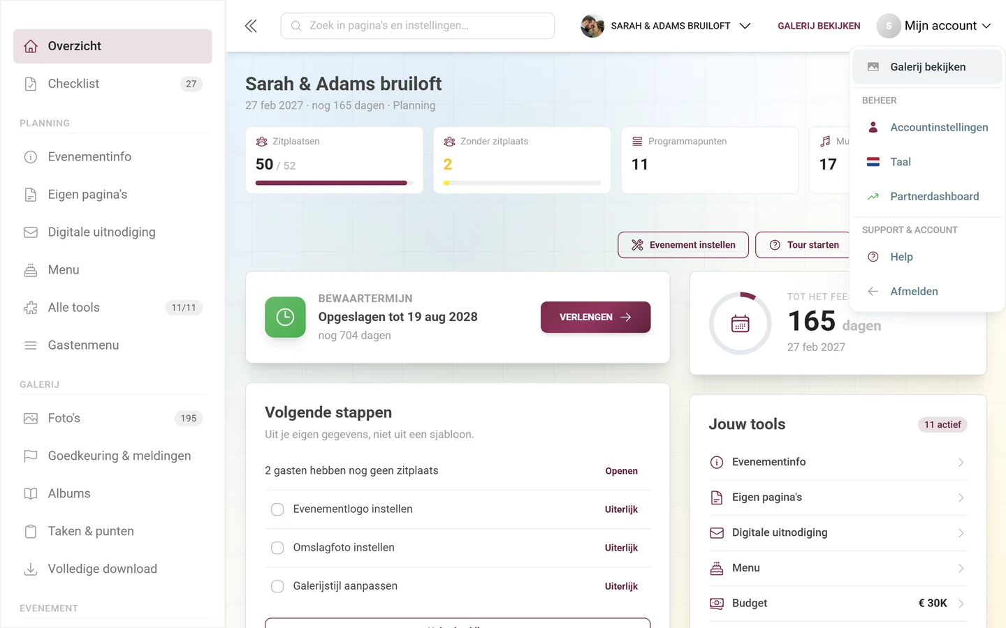 Geopend accountmenu in het beheergedeelte met het onderdeel Beheer