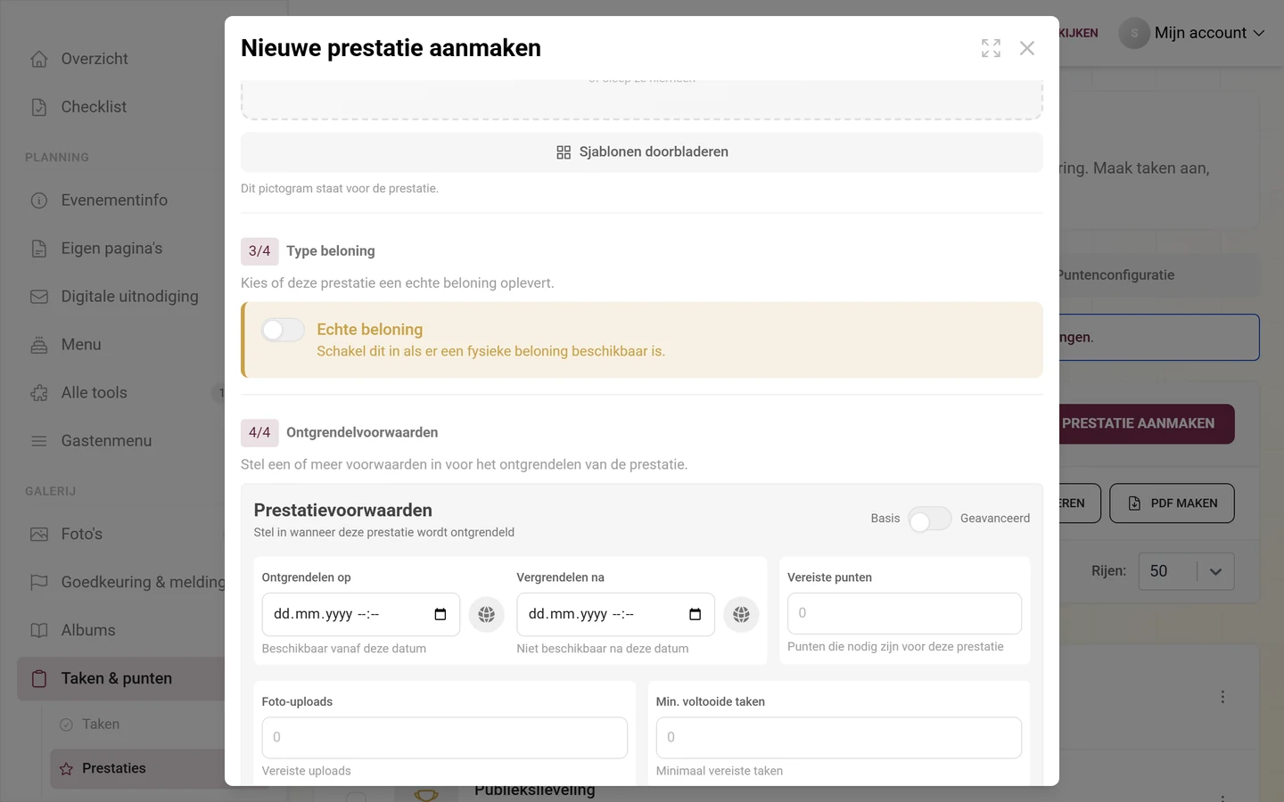 Onderdeel 4/4 Ontgrendelvoorwaarden met de schakelaar Basis/Geavanceerd en de velden Ontgrendelen op, Vergrendelen na, Vereiste punten, Foto-uploads