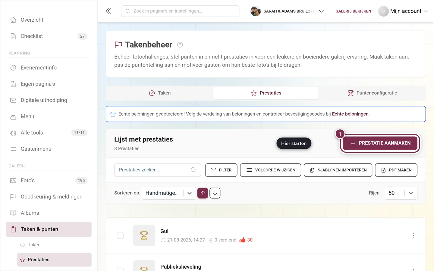 Prestatiebeheer met de knop Prestatie aanmaken rood gemarkeerd boven de lijst