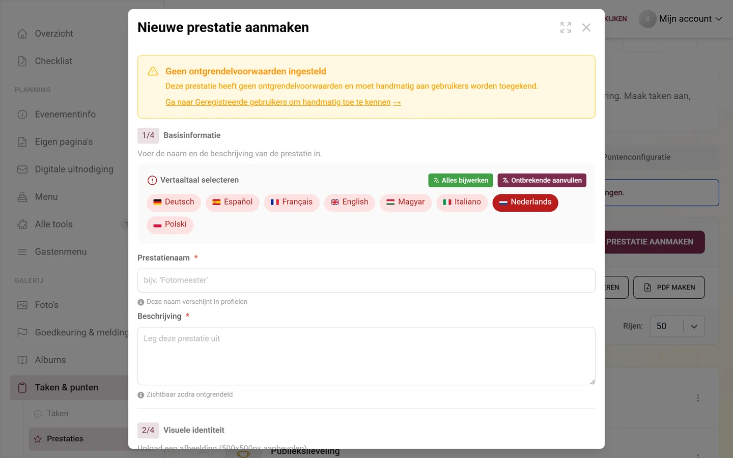Venster voor het aanmaken van een prestatie met naam, voorwaarde en beloning