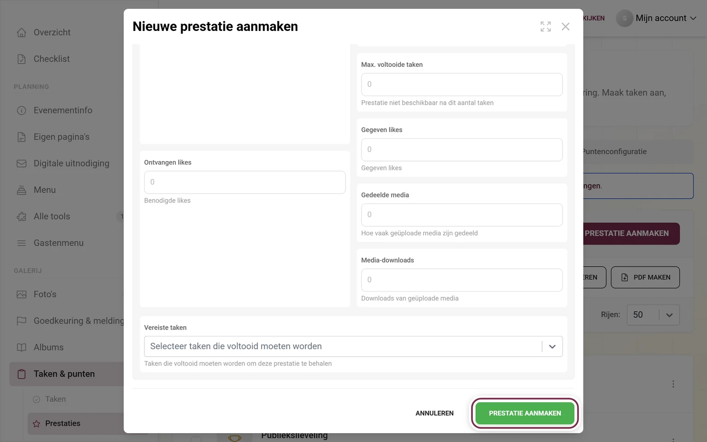 Onderkant van de prestatie-editor met de knop Prestatie aanmaken rood gemarkeerd naast Annuleren
